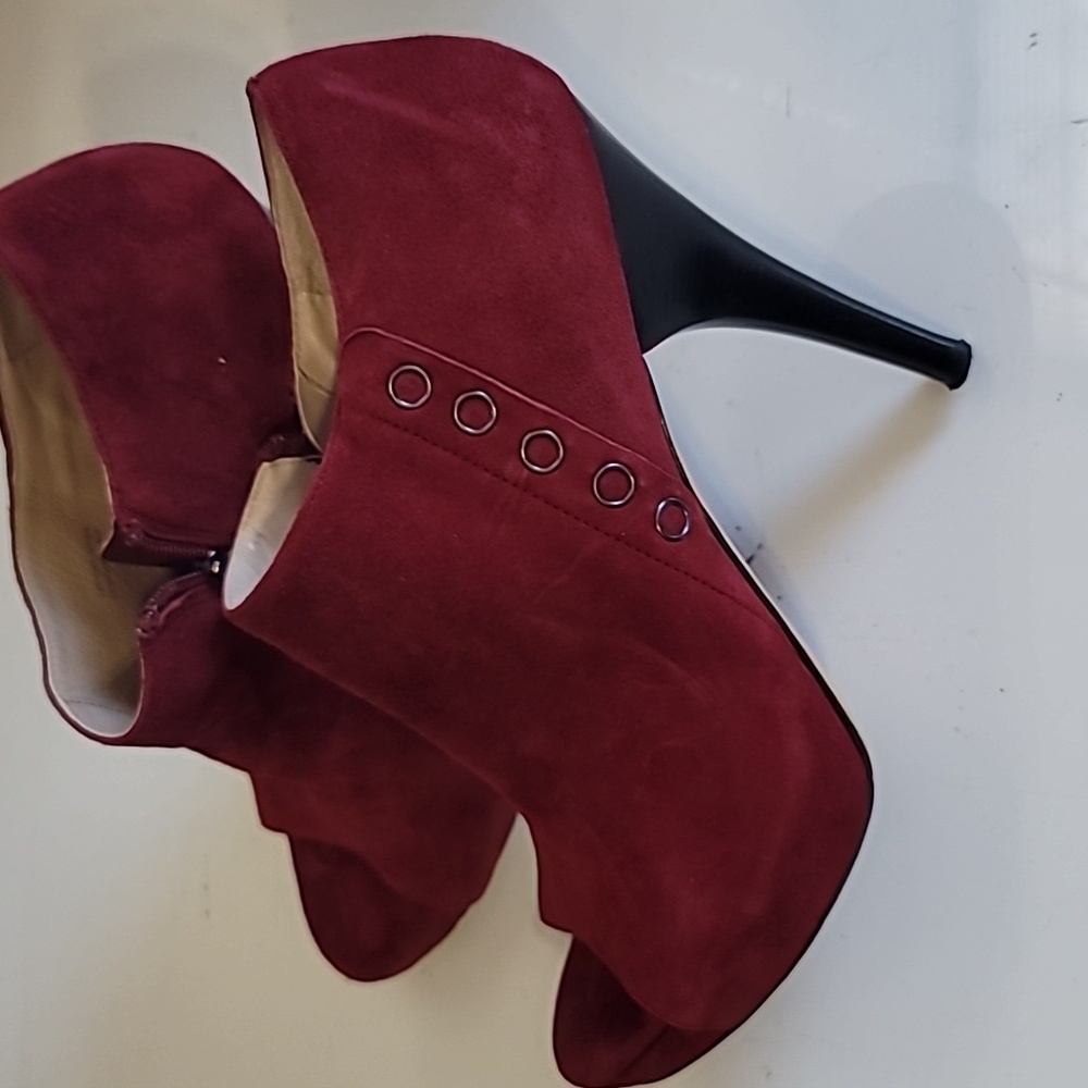 Via Spiga Wine Red Suede Leather Peep-Toe Heels